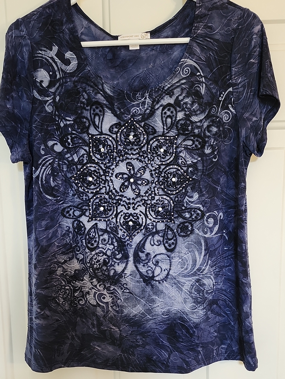 Westport Navy Short-Sleeve Scoop Neck Top with Embellished Medallion